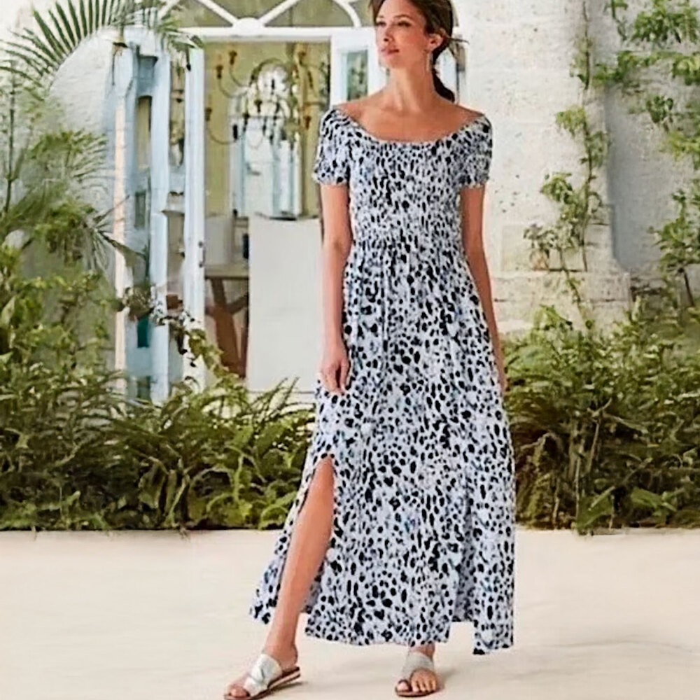 SOFT SURROUNDINGS Marcelo Gauze Smocked Maxi Dress in Cheetah Multi Size 1X